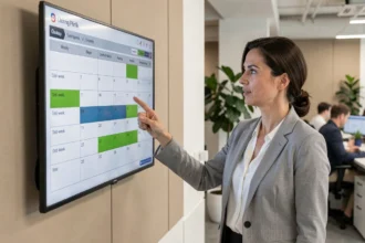Responsable d'équipe pointant un planning de semaine impaire affiché sur un écran mural dans un bureau moderne