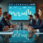 Groupe de professionnels en réunion avec graphiques financiers en arrière-plan