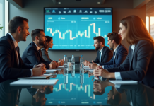 Groupe de professionnels en réunion avec graphiques financiers en arrière-plan