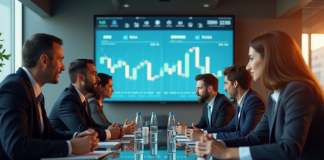 Groupe de professionnels en réunion avec graphiques financiers en arrière-plan