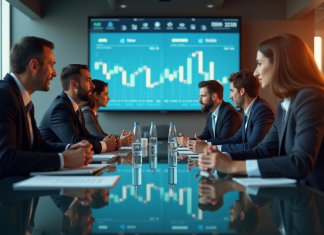 Groupe de professionnels en réunion avec graphiques financiers en arrière-plan