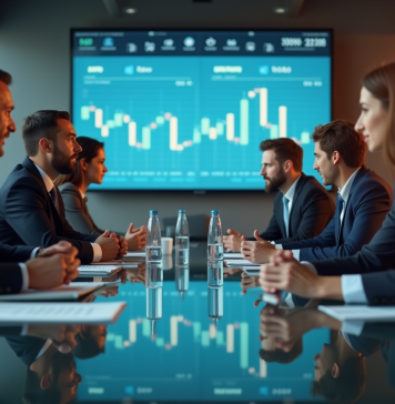 Groupe de professionnels en réunion avec graphiques financiers en arrière-plan