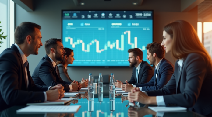 Groupe de professionnels en réunion avec graphiques financiers en arrière-plan