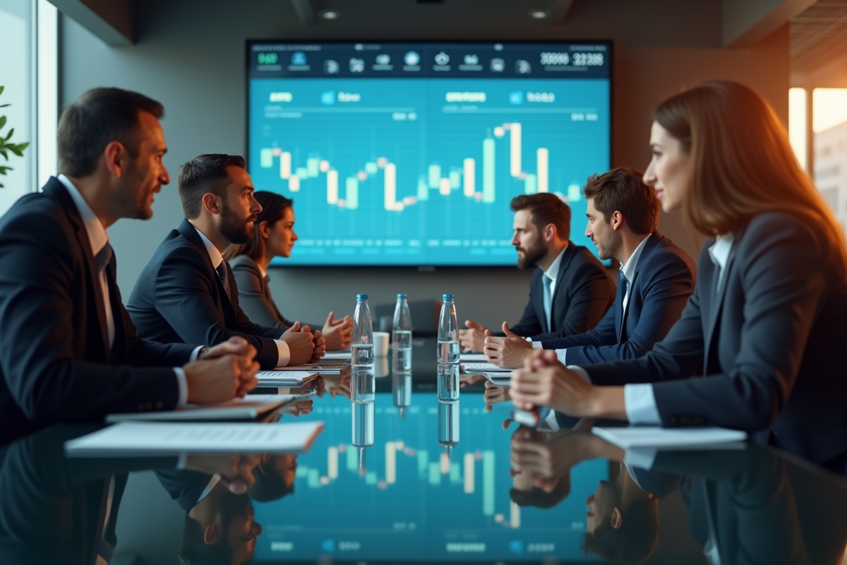 Groupe de professionnels en réunion avec graphiques financiers en arrière-plan