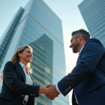 Société immobilière : quel est le plus grand acteur du marché ? Homme et femme d'affaires se serrant la main devant un grand immeuble moderne