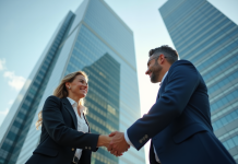 Homme et femme d'affaires se serrant la main devant un grand immeuble moderne