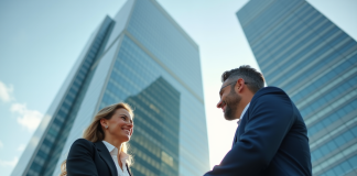 Homme et femme d'affaires se serrant la main devant un grand immeuble moderne