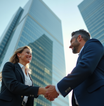 Société immobilière : quel est le plus grand acteur du marché ? Homme et femme d'affaires se serrant la main devant un grand immeuble moderne