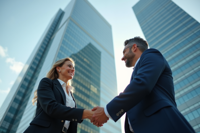 reussite-affaires-homme-femme Homme et femme d'affaires se serrant la main devant un grand immeuble moderne