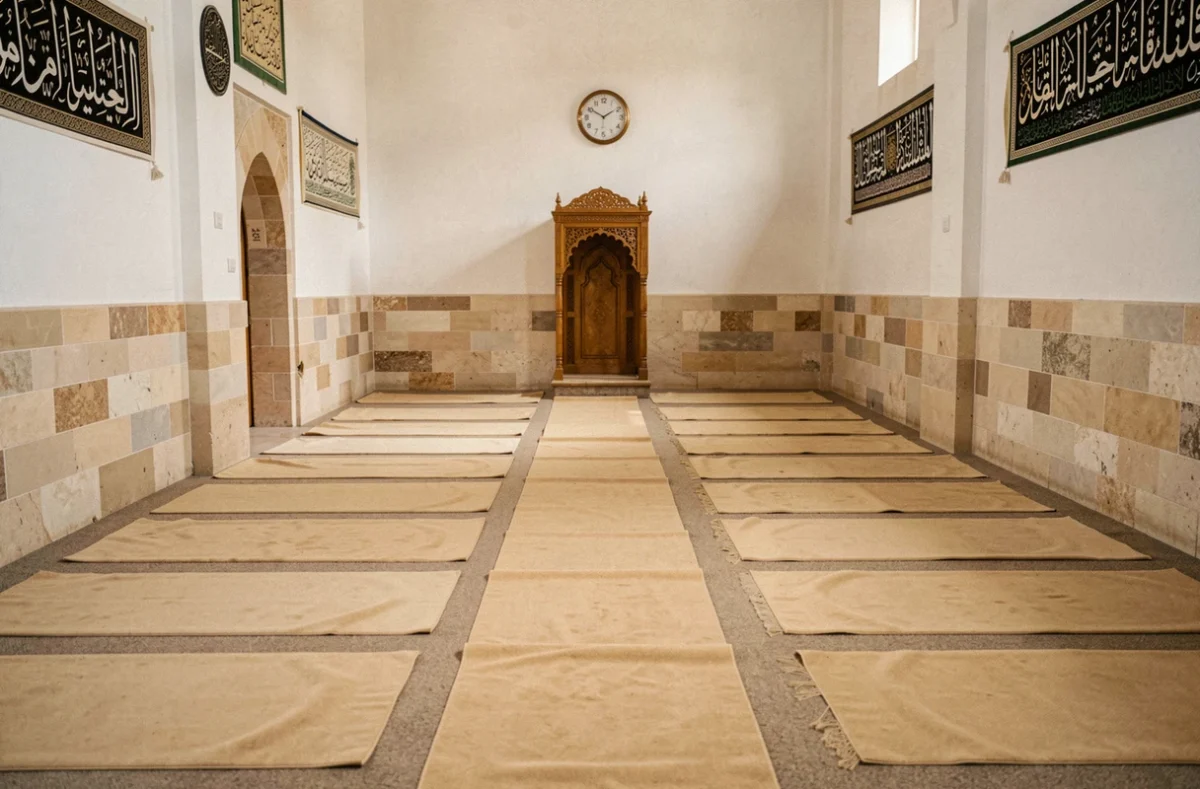 Salle de prière d'une mosquée à Orléans préparée pour la salat Al-Jumu'a du vendredi