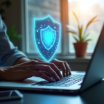 Personne travaillant sur un ordinateur avec un bouclier holographique de securite