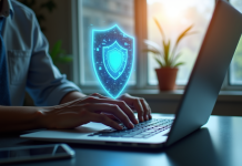 Personne travaillant sur un ordinateur avec un bouclier holographique de securite