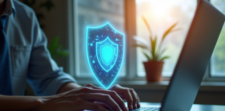 Personne travaillant sur un ordinateur avec un bouclier holographique de securite