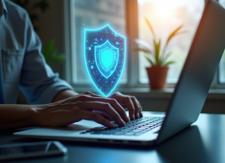 Personne travaillant sur un ordinateur avec un bouclier holographique de securite