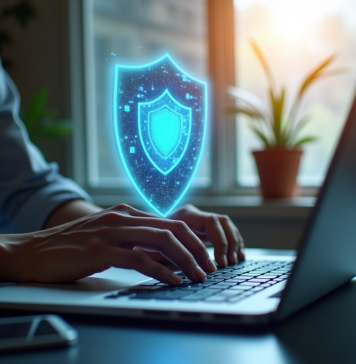 Personne travaillant sur un ordinateur avec un bouclier holographique de securite