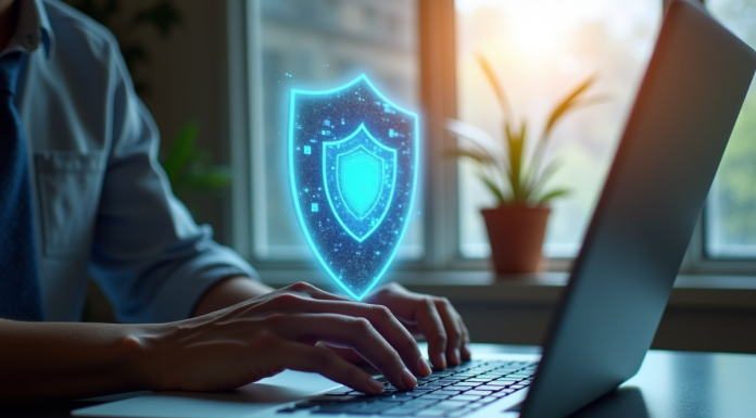 Personne travaillant sur un ordinateur avec un bouclier holographique de securite