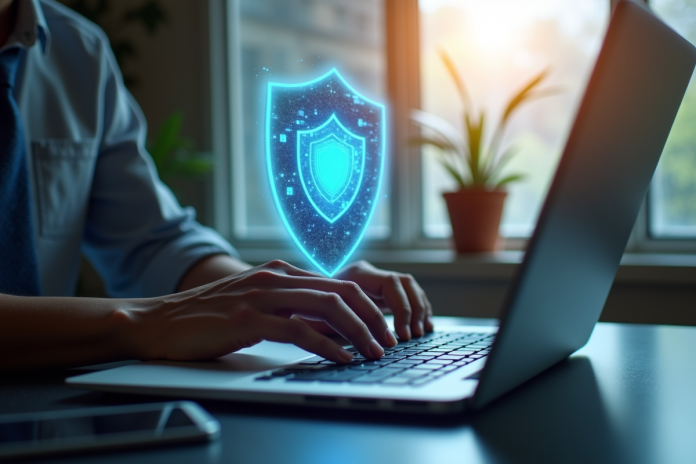 securite-donnees-personnelles Personne travaillant sur un ordinateur avec un bouclier holographique de securite