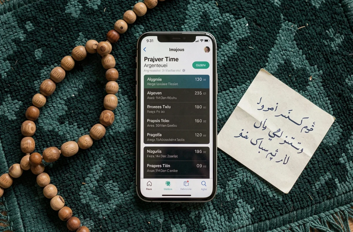 Smartphone affichant une application de rappel d'horaire de prière pour Argenteuil posé sur un tapis de prière avec un chapelet