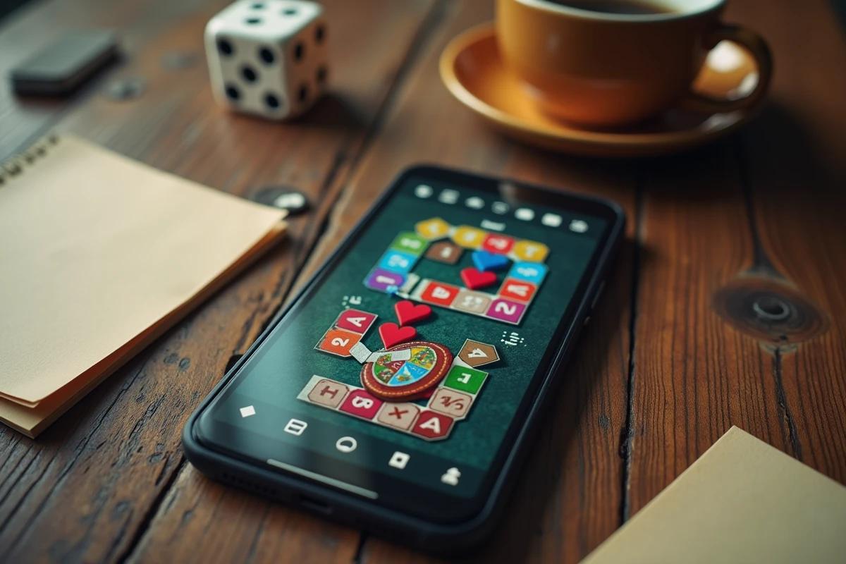 Vue aérienne d'un smartphone affichant des dés de jeu Monopoly GO posé sur une table en bois avec notes et café