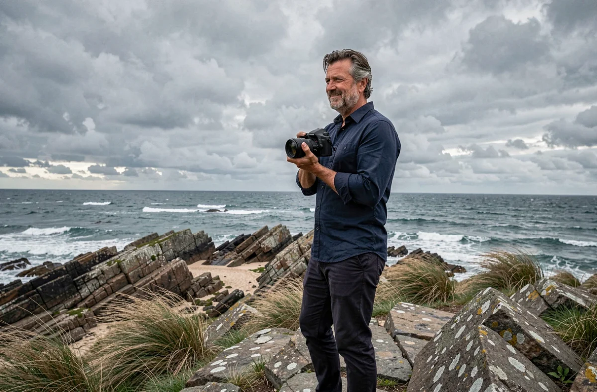 Stéphane Amelinck photographe debout sur un rivage rocheux de l'Atlantique, appareil en main face à l'horizon