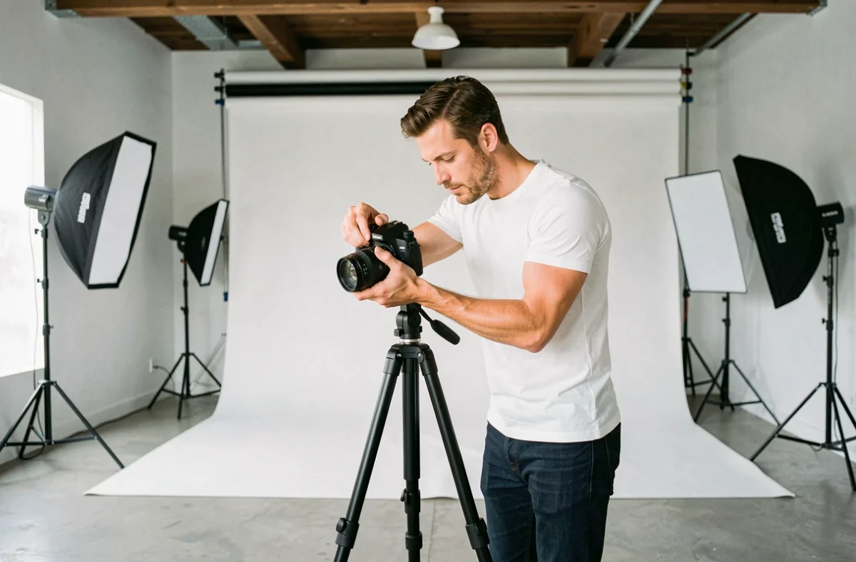 Photographe du Studio Loïc ajustant son équipement dans un studio photo moderne et épuré