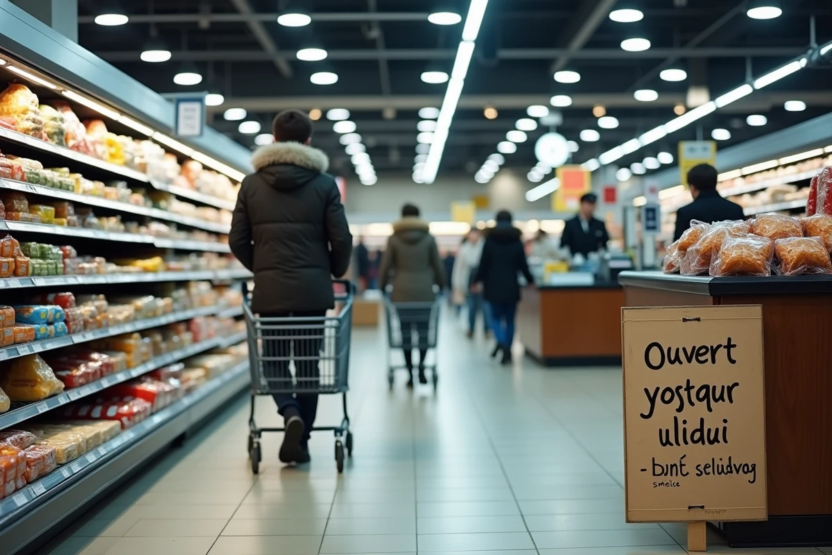 Intérieur d'un supermarché ouvert le 1er janvier avec des clients et un panneau d'horaires exceptionnels