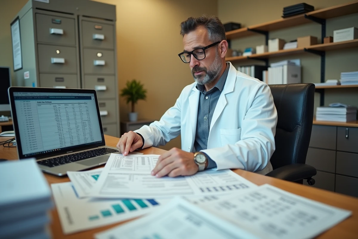Homme en blouse blanche étudiant un tableau de conversion kilogrammes sur un bureau professionnel