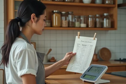 Femme consultant un tableau de conversion kg dans une cuisine moderne avec une balance numérique