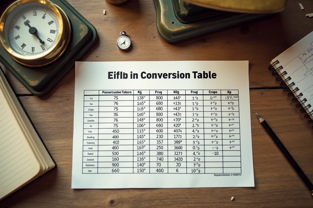 Vue aérienne d'un tableau de conversion de kilogrammes imprimé avec une balance vintage sur une table en bois