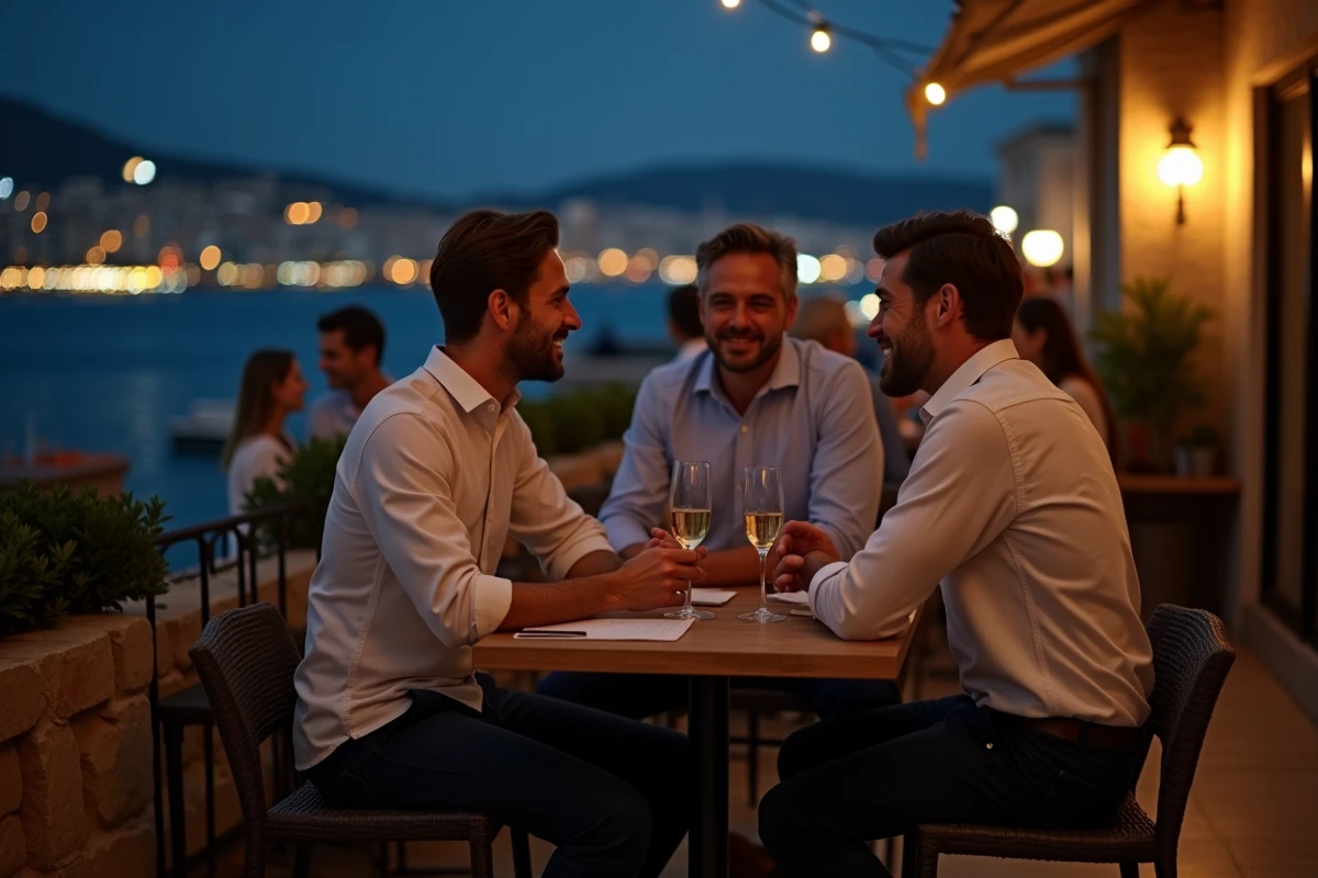 Deux hommes célibataires en conversation sur la terrasse d'une boîte de nuit à Marseille avec vue sur le port
