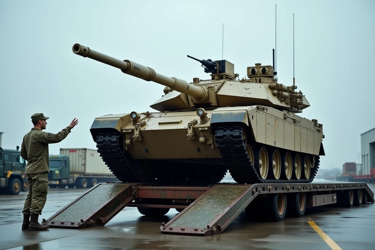 Char M1A1 Abrams chargé sur un transporteur militaire lourd dans un dépôt logistique
