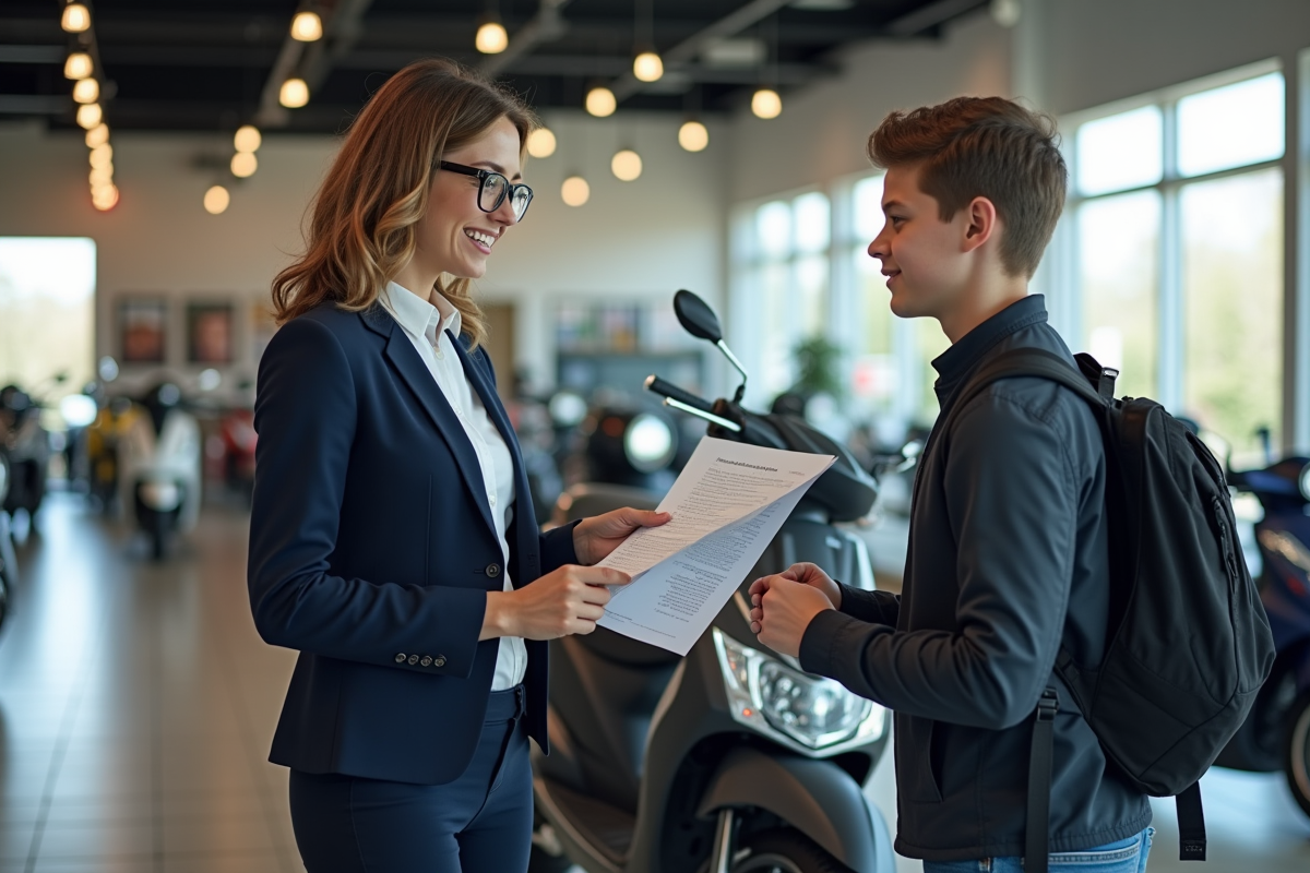 Vendeuse donne un prix à un adolescent avec scooter à Dax