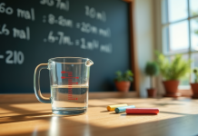 Verre mesureur avec 250 ml d'eau sur une table en bois