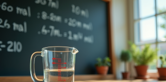 Verre mesureur avec 250 ml d'eau sur une table en bois