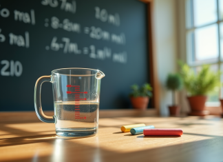 Verre mesureur avec 250 ml d'eau sur une table en bois