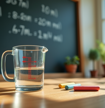 Verre mesureur avec 250 ml d'eau sur une table en bois