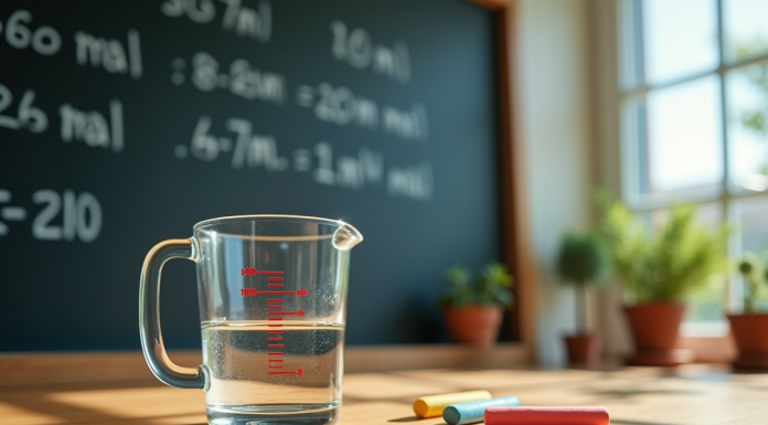 Verre mesureur avec 250 ml d'eau sur une table en bois