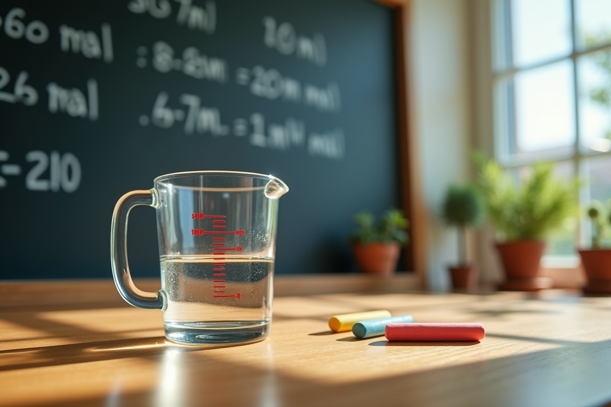 Verre mesureur avec 250 ml d'eau sur une table en bois
