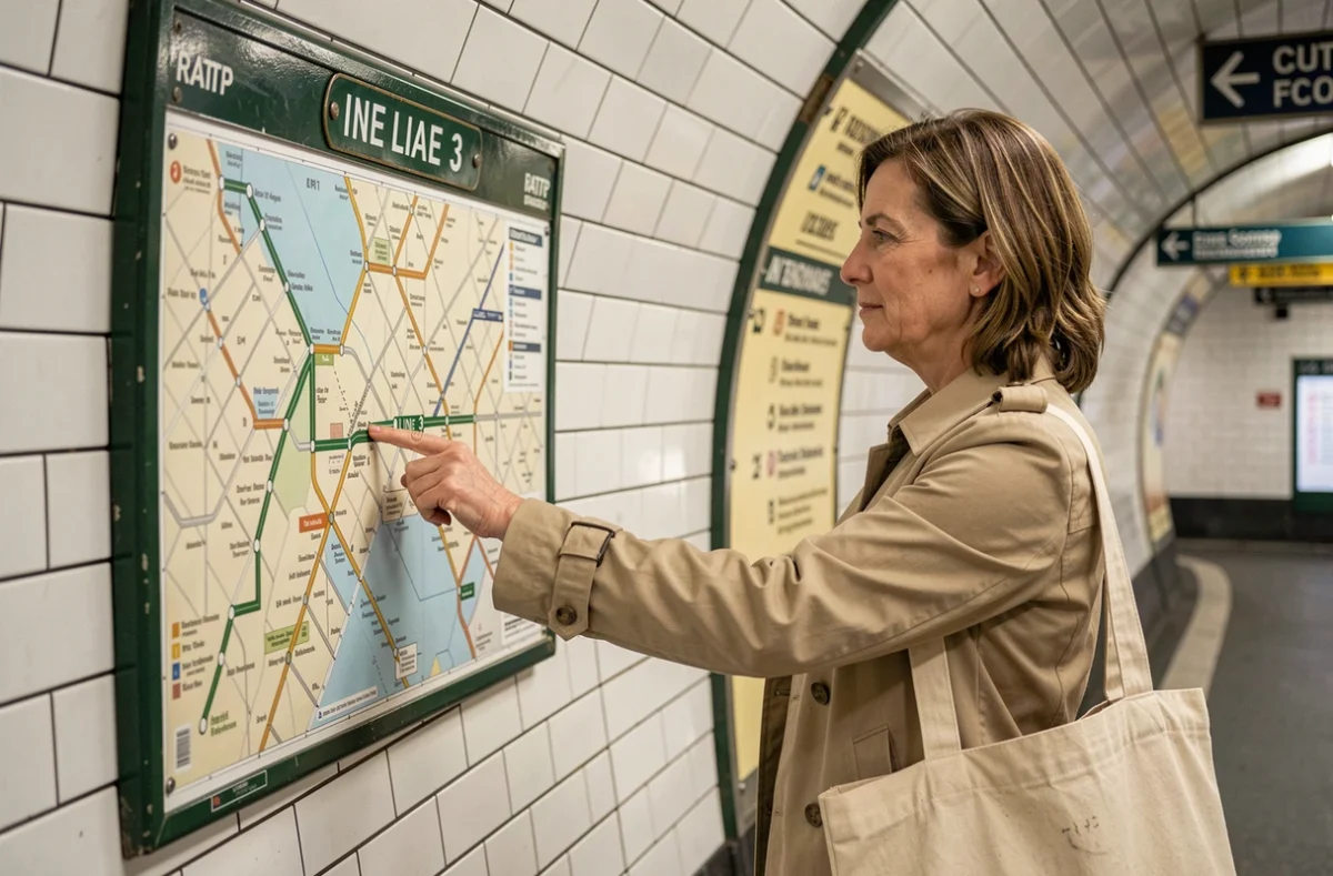 Femme consultant le plan de la ligne 3 du métro RATP dans un couloir de station parisienne