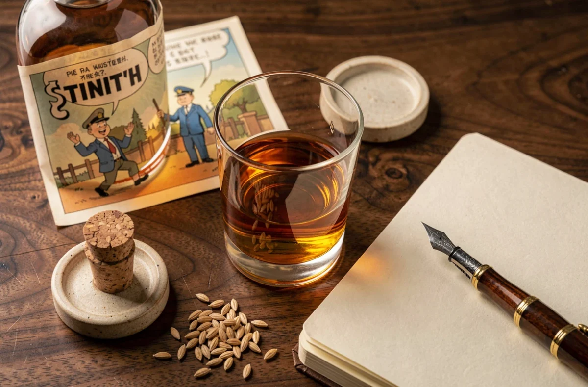 Verre de whisky ambré, planche de BD avec le capitaine Haddock et carnet de dégustation sur table en noyer